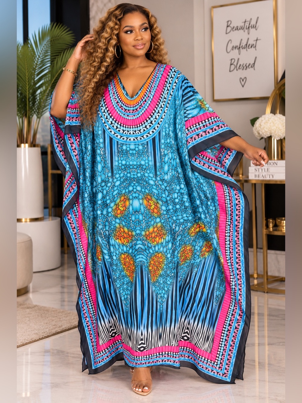 Blue Mosaic Print Kaftan Cover-Up with Pink Accents